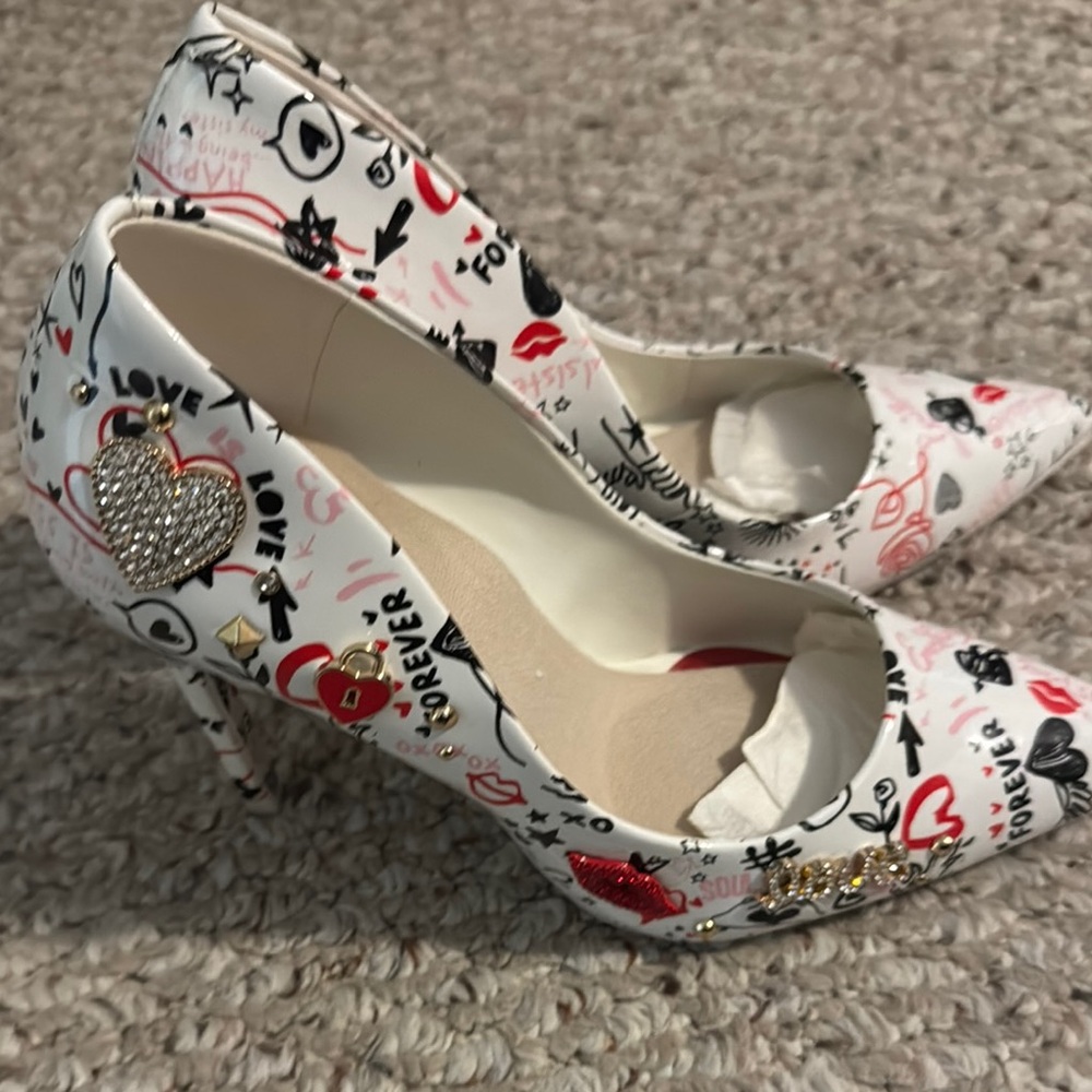 Aldo Red and White Stiletto Heels with Floral Design